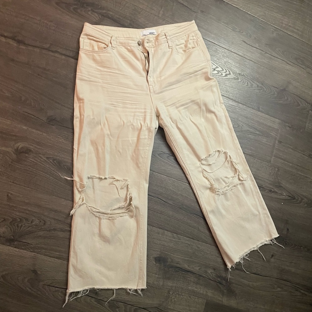 Vervet cream wide leg distressed jeans